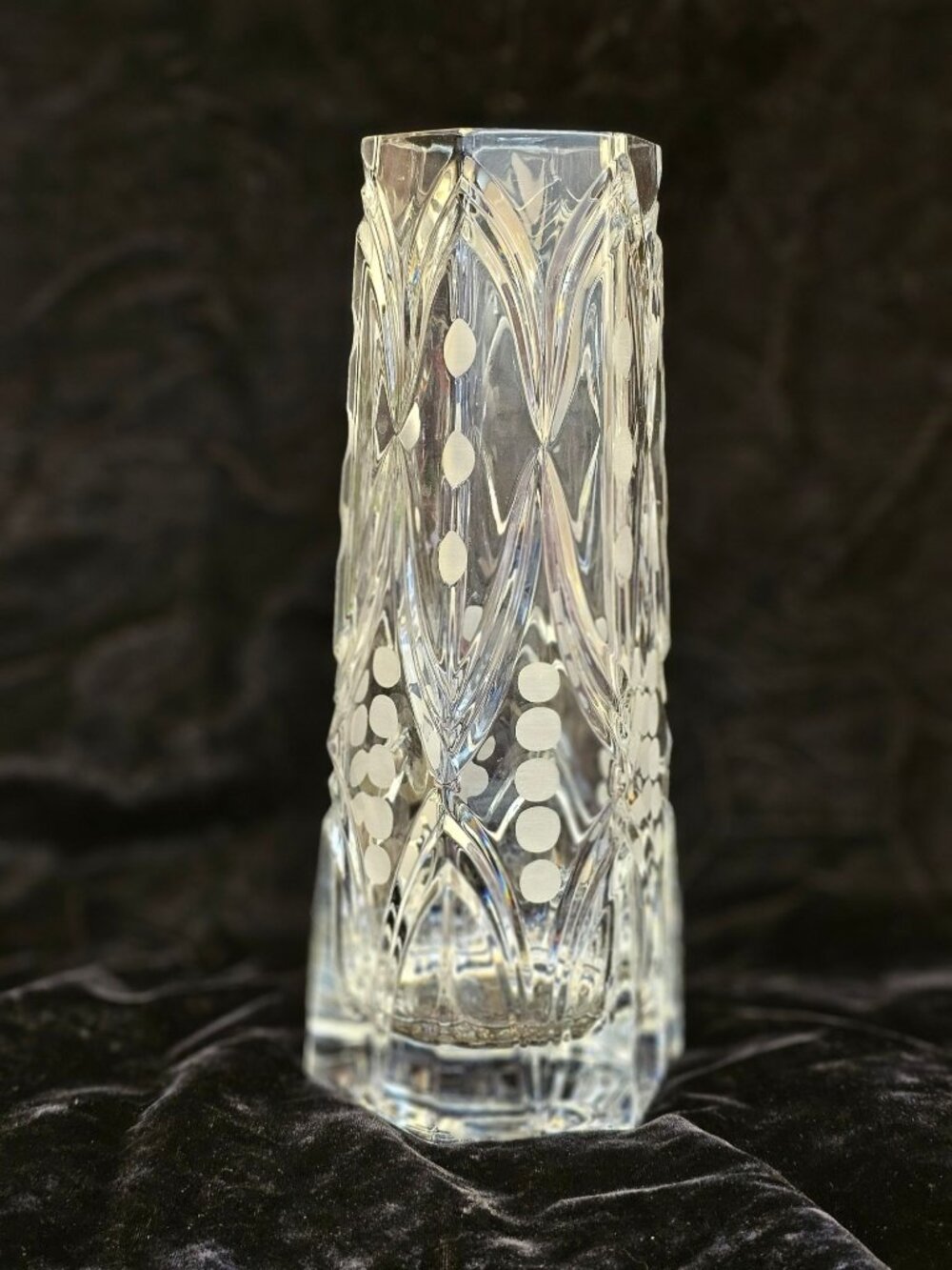 Vintage Etched Crystal Vase With Geometric Dot Pattern 11-Inch Tall Hexagonal Ba - Picture 2 of 13